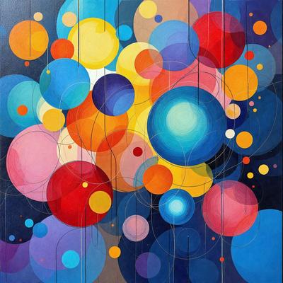 The primary subject of the image is a colorful painting featuring a variety of circles and other shapes. The setting is a wall, and the visual style appears to be a combination of digital art and illustration. The dominant colors in the painting are red, yellow, and blue, creating a vibrant and lively atmosphere.